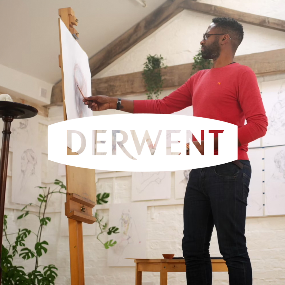 Artist Curtis Holder drawing using Derwent Lightfast pencils whilst on a video shoot.